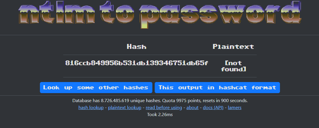 checking svc_sql&rsquo;s hash on NTLM.PW