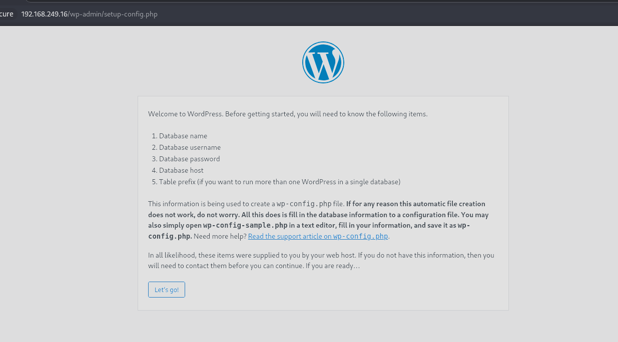 WordPress setup configuration page