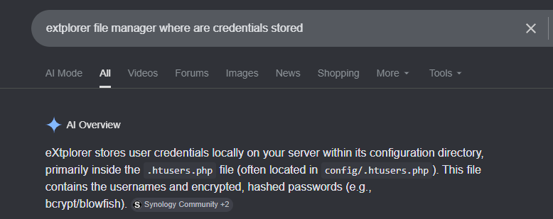 Searching for where eXtplorer stores credentials