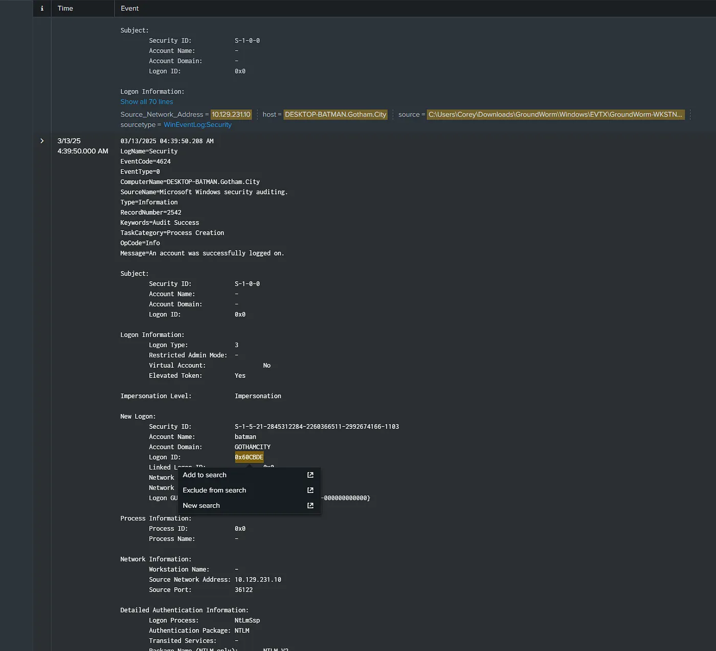 host=&ldquo;DESKTOP-BATMAN.Gotham.City&rdquo; Source_Network_Address=&ldquo;10.129.231.10&rdquo;