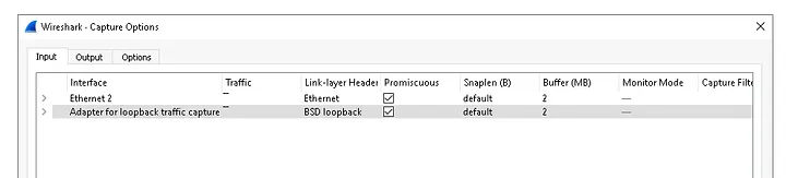 Capture Options -> Adapter for loopback traffic capture