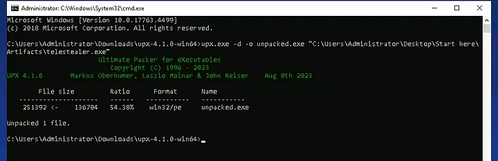 decompressing telestealer.exe into unpacked.exe