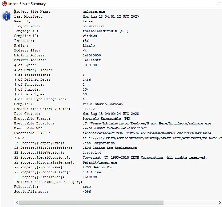 malware.exe Ghidra import results