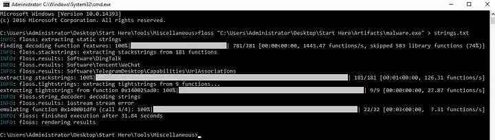 using FLOSS against malware.exe and sending output to strings.txt