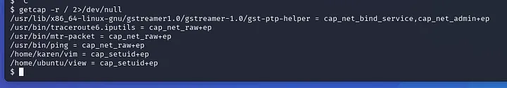 getcap -r / 2>/dev/null