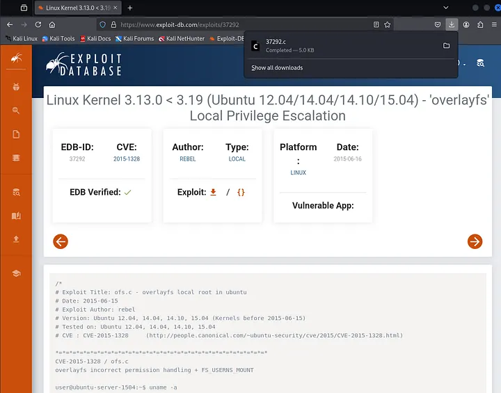 download the exploit (the correct one is a .c file, not the .txt one)