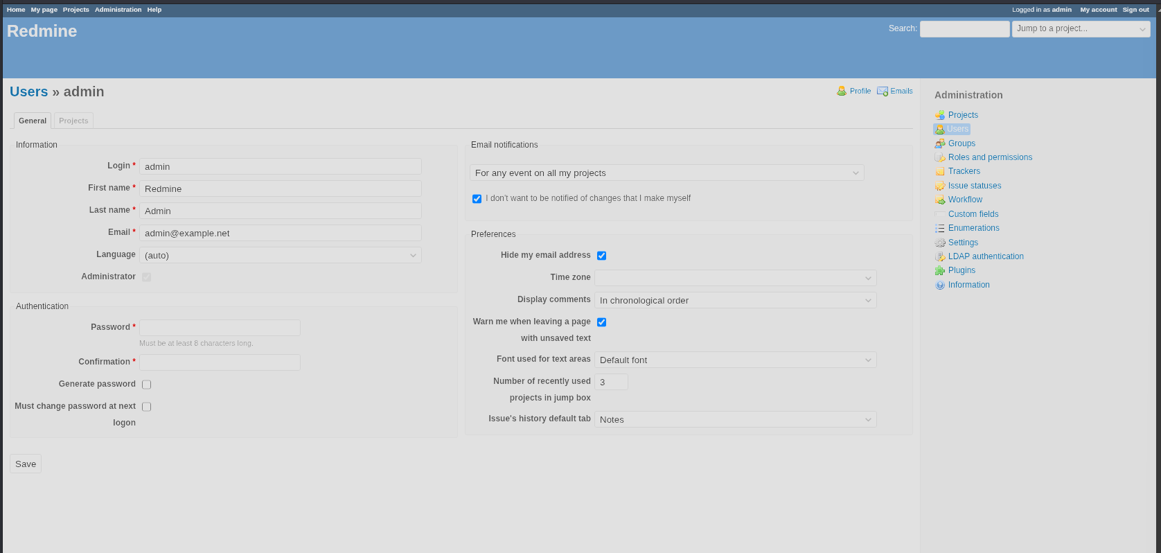 Redmine admin panel