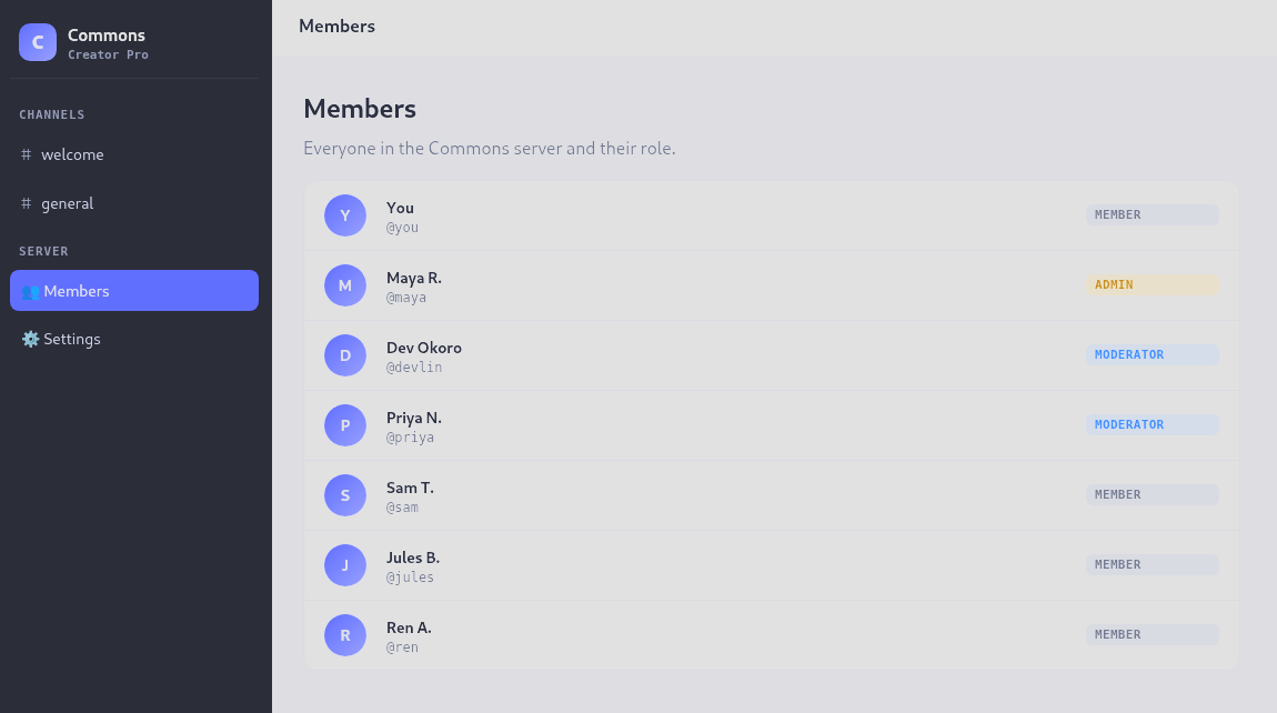 Members page showing maya as admin
