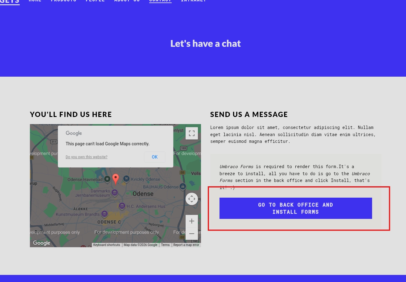 Contact page revealing Umbraco