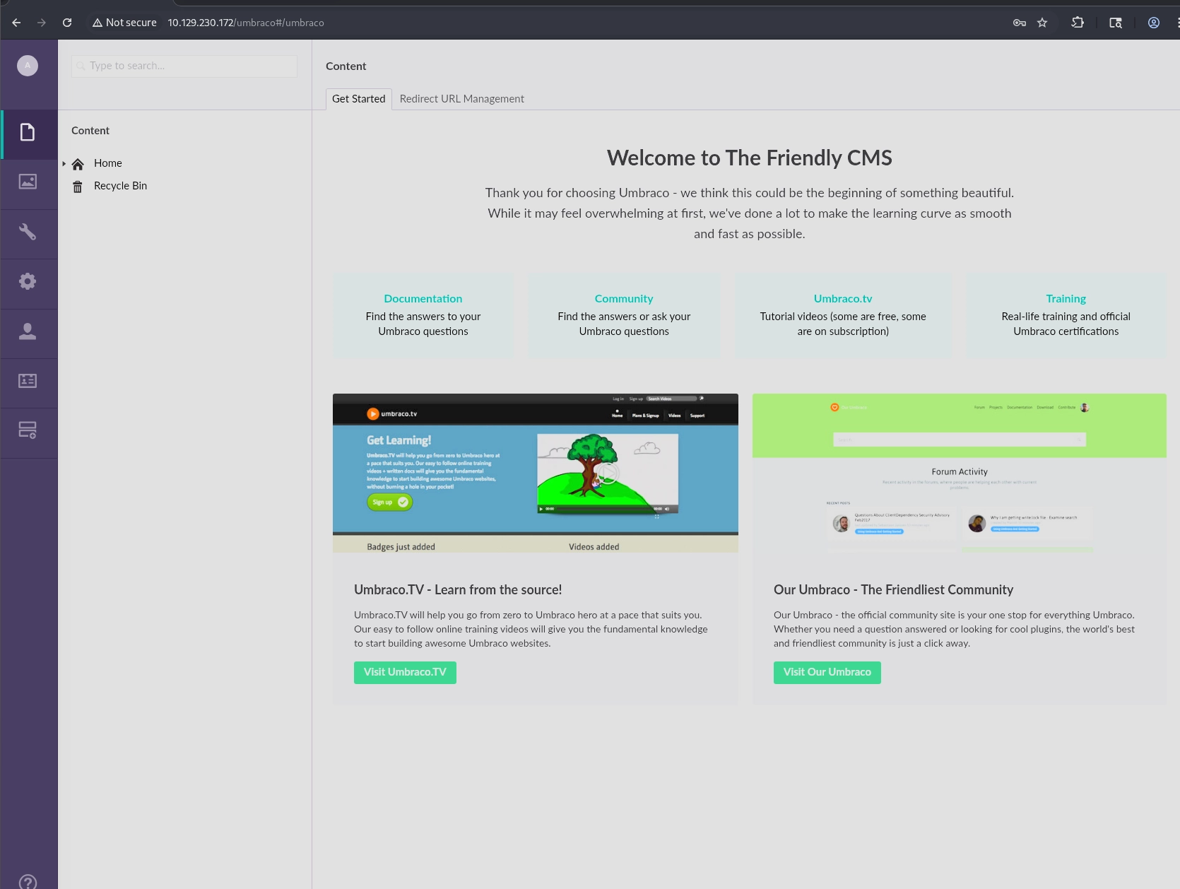 Logged into the Umbraco backoffice