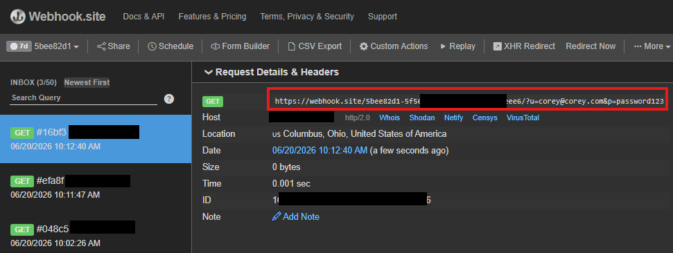 Webhook.site exploitation request logged